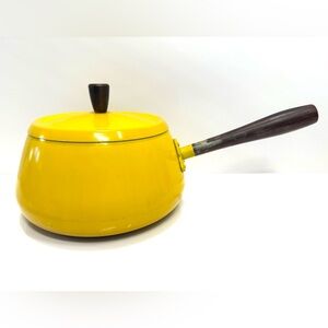 Vintage Yellow Enamel Saucepan with Wooden Handle – Mid-Century Modern
